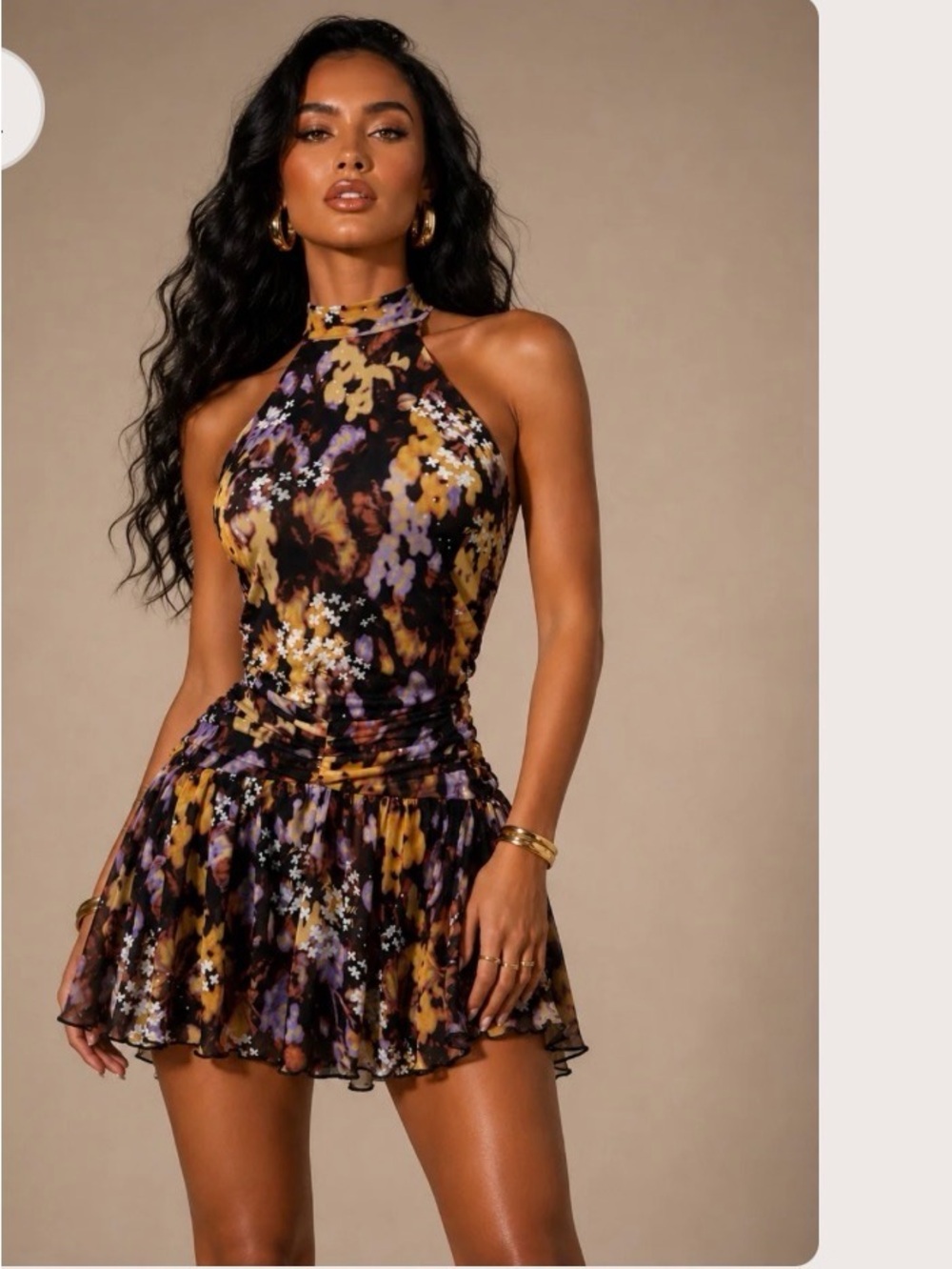 Bear Dance Halter Mini Dress in Black, Gold and Purple Floral
